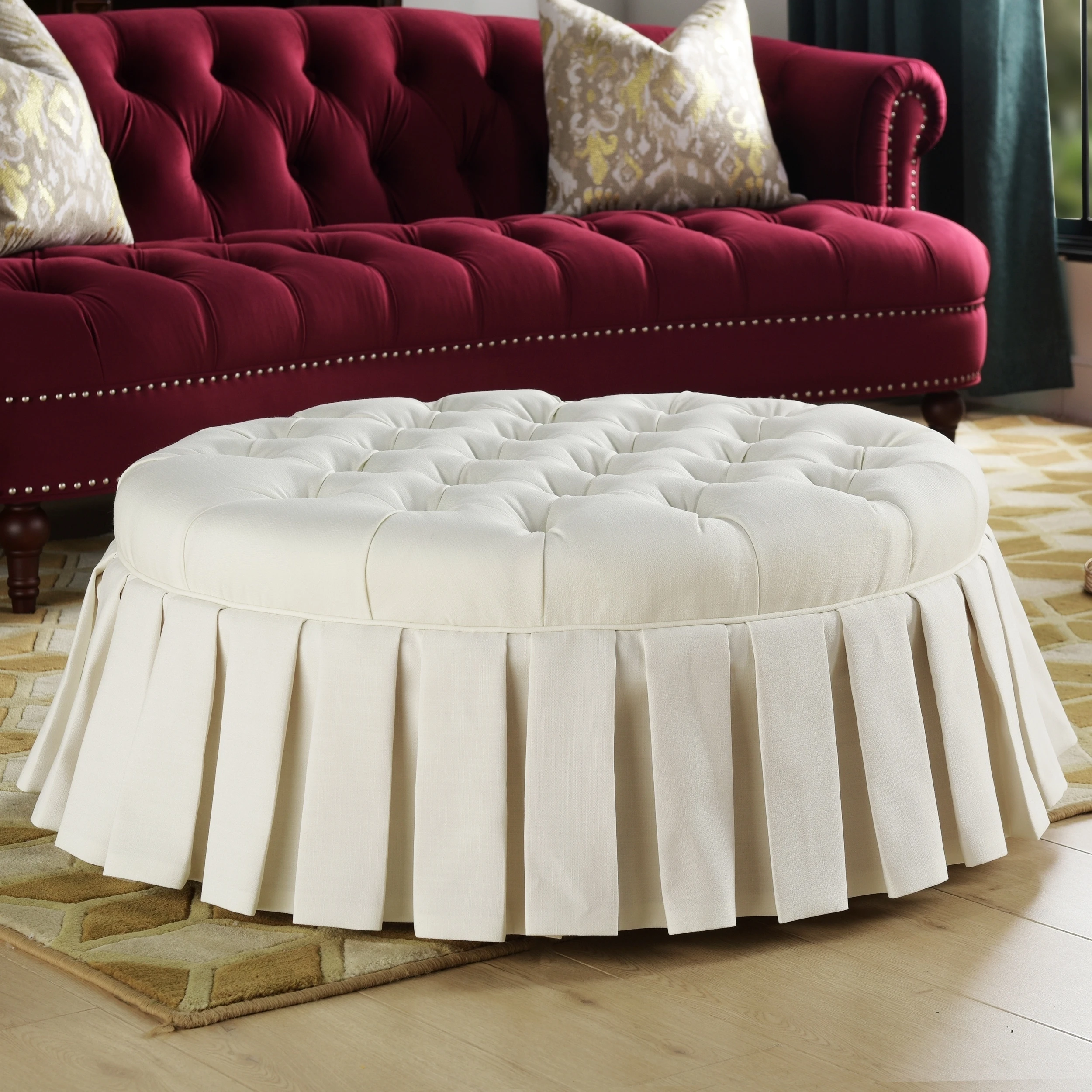 New ???? Gracewood Hollow Baruti Tufted Cocktail Ottoman With Pleated ???? Skirt Antique White ???? 4 New ???? Gracewood Hollow Baruti Tufted Cocktail Ottoman With Pleated ???? Skirt Antique White ???? - Image 2