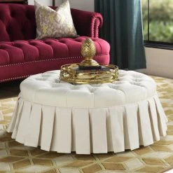 New ???? Gracewood Hollow Baruti Tufted Cocktail Ottoman With Pleated ???? Skirt Antique White ????