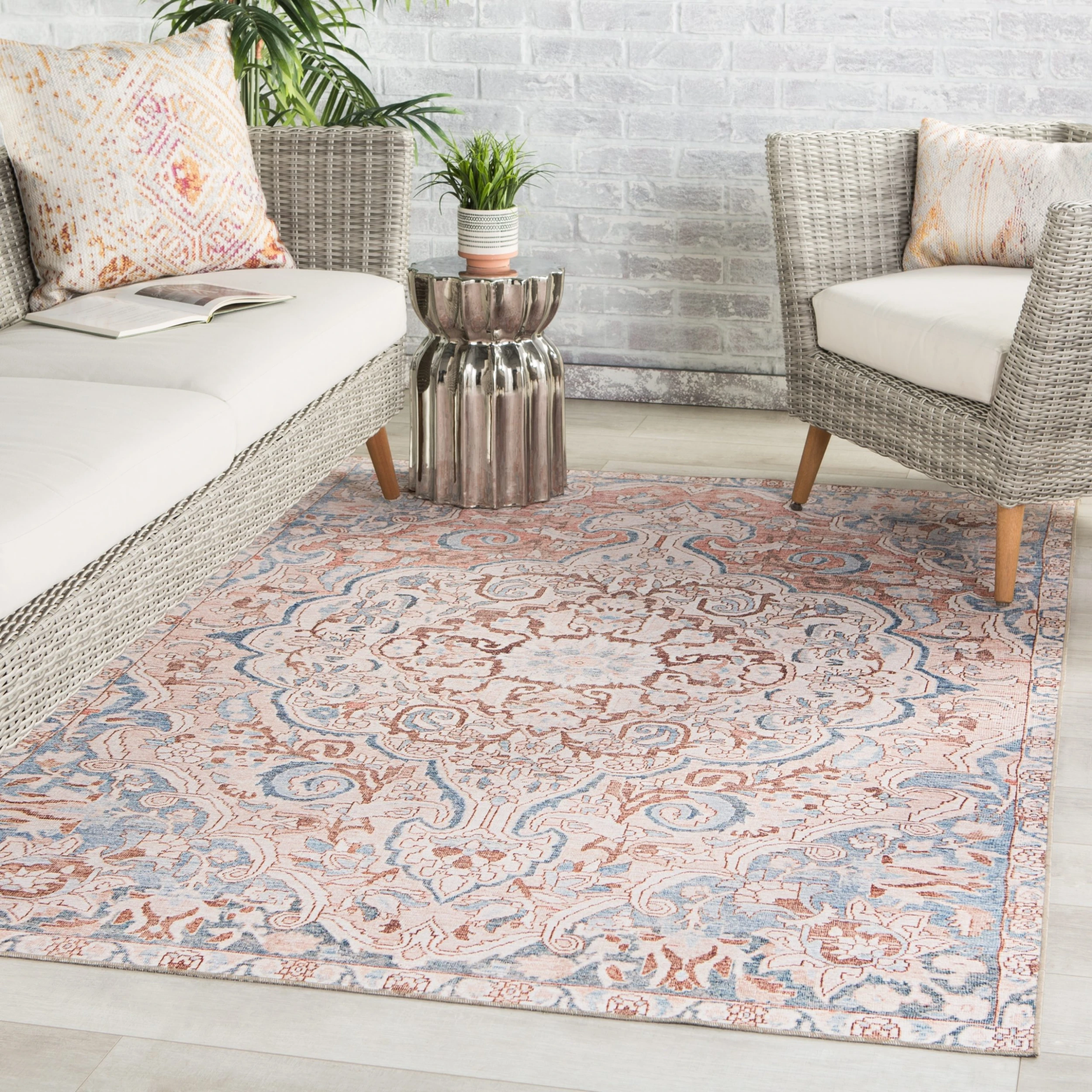 Hot Sale ???? Gracewood Hollow Dadzie Indoor/Outdoor Blue And Light Pink Medallion Area Rug ⭐ 3 Hot Sale ???? Gracewood Hollow Dadzie Indoor/Outdoor Blue And Light Pink Medallion Area Rug ⭐