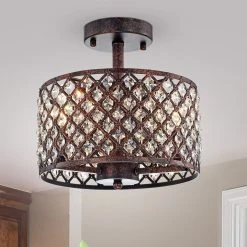 New ❤️ Gracewood Hollow Kang Rustic Bronze 3-light Semi-flush Mount With Crystal Drum Shade Accents ????